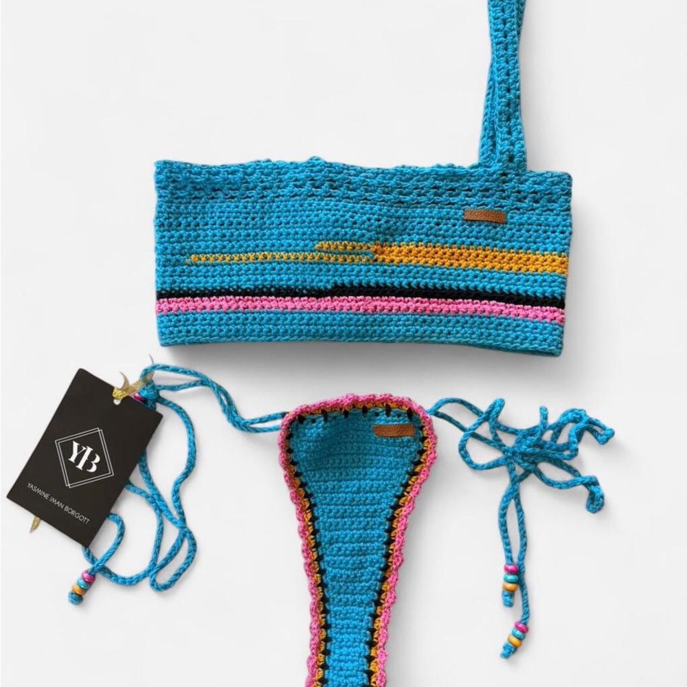VB Crochet One-Shoulder Turquoise Bikini Top & Tie-Side Bottom